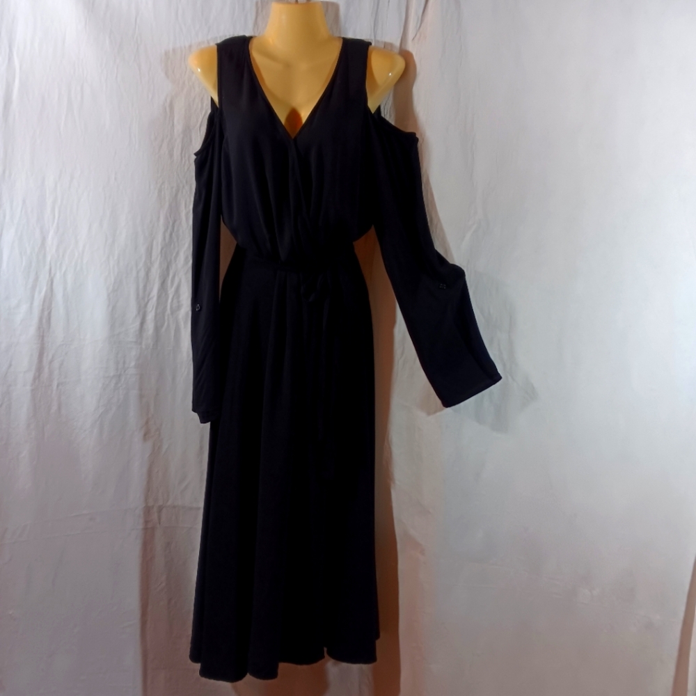 Neiman Marcus Womens Small Black Midi Dress Cold Shoulder Wrap Bodice